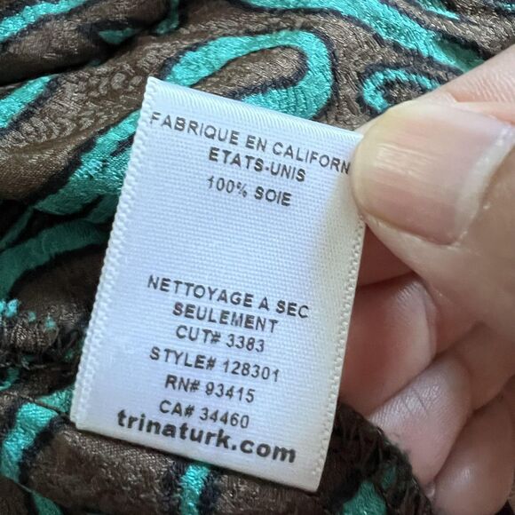 Trina Turk Shirt Womens Petite Brown Teal Silk Jacquard Button Blouse 3/4 Sleeve - Picture 11 of 12